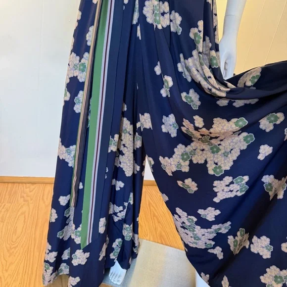 eShakti Wayward Fancies Floral kimono jumpsuit pockets navy green cream deep v - Picture 4 of 12